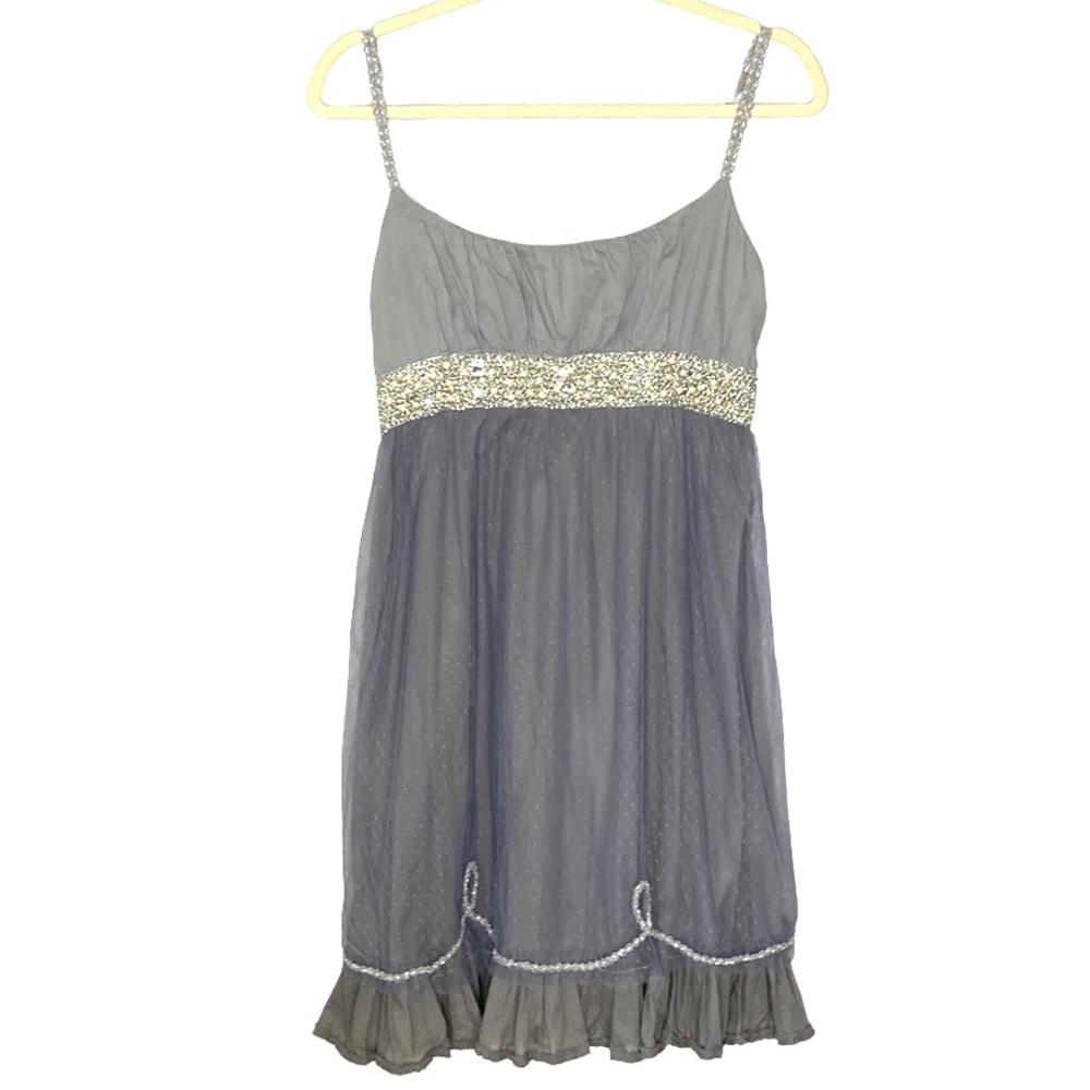 FREE PEOPLE GRAY BABYDOLL DRESS W/ TULLE BLING & METALLIC SILVER ACCENTS SZ 12